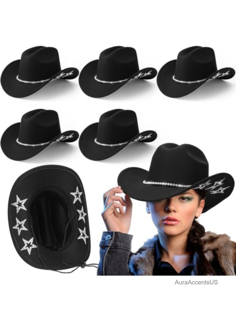 6 Pc Cowboy Hat Set Felt Star Adjustable Western Party Hats